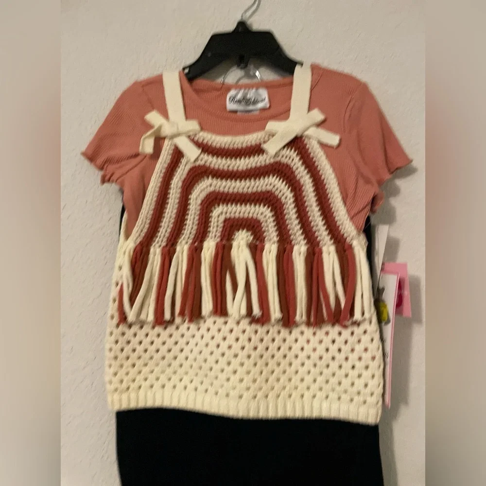 Rare Editions Bohemian Coral & Cream Knit Tops with wide leg  Matching pants -5T